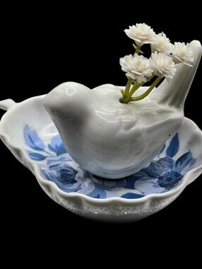 "5/$40" Set Of Porcelain Miniatures Blue Floral Pear Dish/Bird Floral Vase